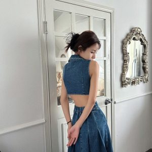 Y2K Women's Denim Shirt Dress with Hollowed Out Waist