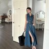 Y2K Women's Denim Shirt Dress with Hollowed Out Waist