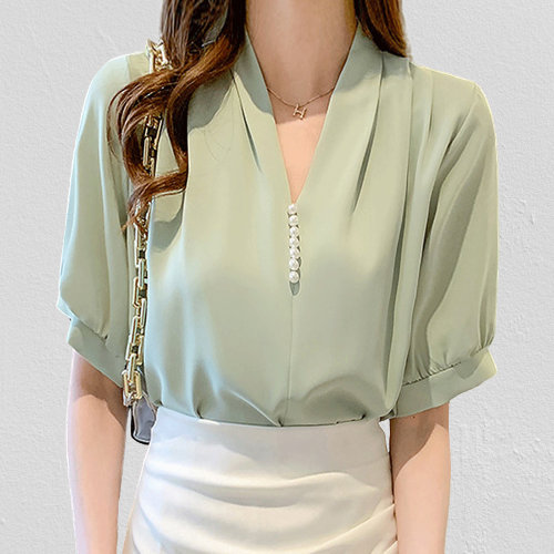 Y2K Women's Office Blouse V-Neck Chiffon Shirt