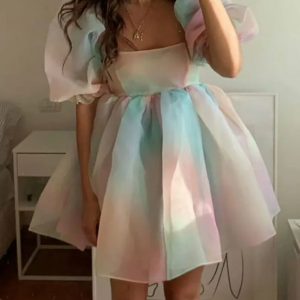 Y2K Women's Rainbow Puff Sleeve Tulle Dress